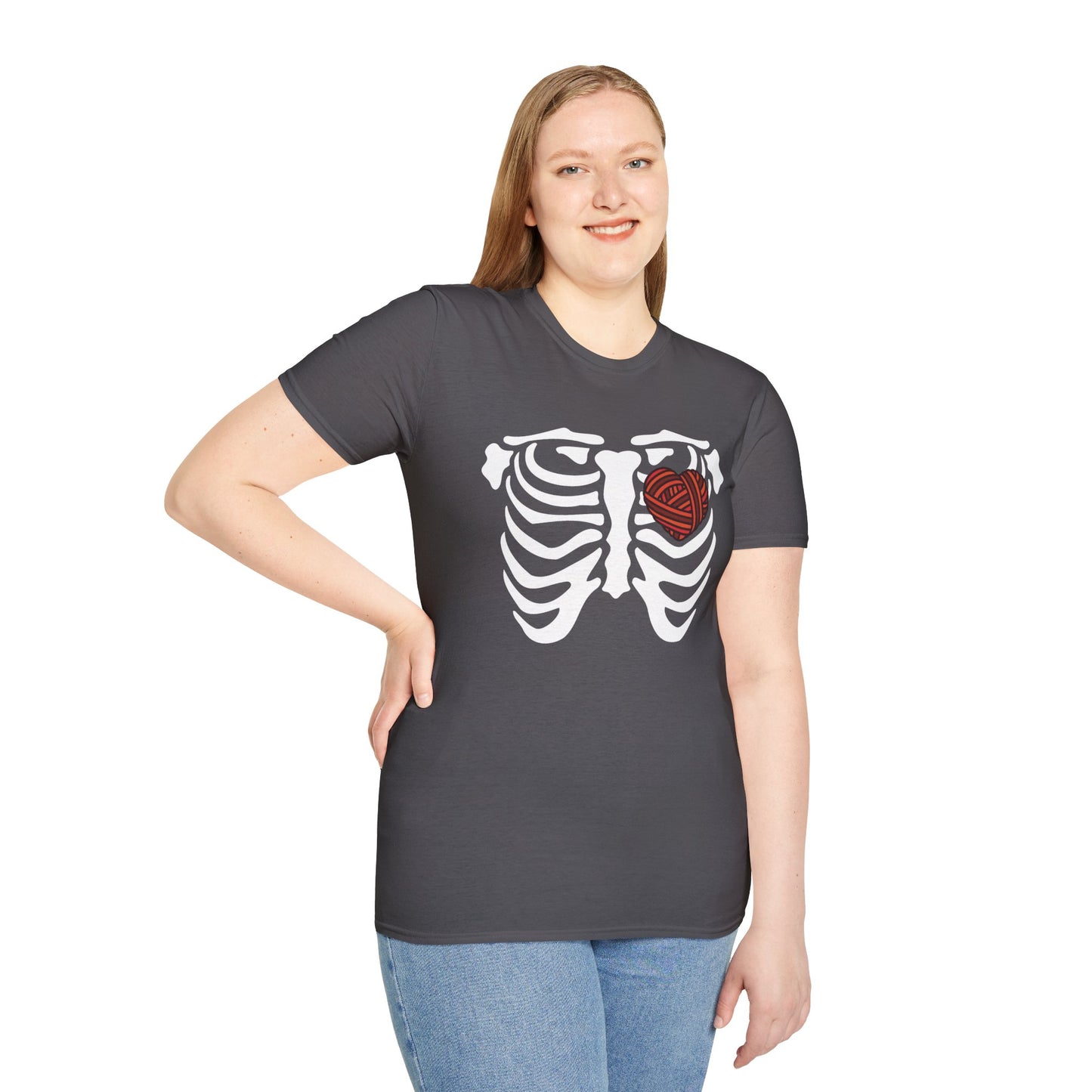 Yarn lover’s Skeleton Heart Unisex T-Shirt | Gift for Couples, Fun Graphic Tee, Romantic Apparel, Halloween Shirt, Love Theme