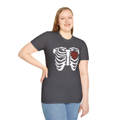 Yarn lover’s Skeleton Heart Unisex T-Shirt | Gift for Couples, Fun Graphic Tee, Romantic Apparel, Halloween Shirt, Love Theme
