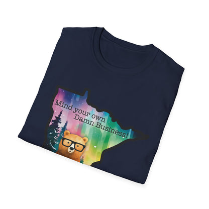 Whimsical Minnesota Bear T-Shirt, Mind Your Own Damn Business Tee, Casual Gift, Fun Apparel, Northern Lights Style, Unique Souvenir