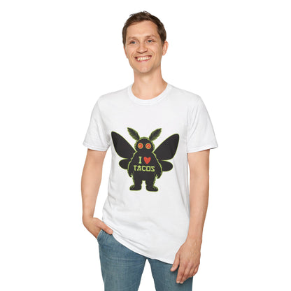 Mothman loves Tacos Unisex Softstyle T-Shirt, Funny Taco Lover Tee, Foodie Gift, Casual Wear, Perfect for Taco Tuesday, Unique Graphic Shirt