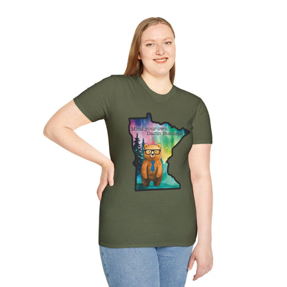 Whimsical Minnesota Bear T-Shirt, Mind Your Own Damn Business Tee, Casual Gift, Fun Apparel, Northern Lights Style, Unique Souvenir