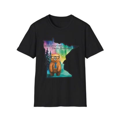 Whimsical Minnesota Bear T-Shirt, Mind Your Own Damn Business Tee, Casual Gift, Fun Apparel, Northern Lights Style, Unique Souvenir