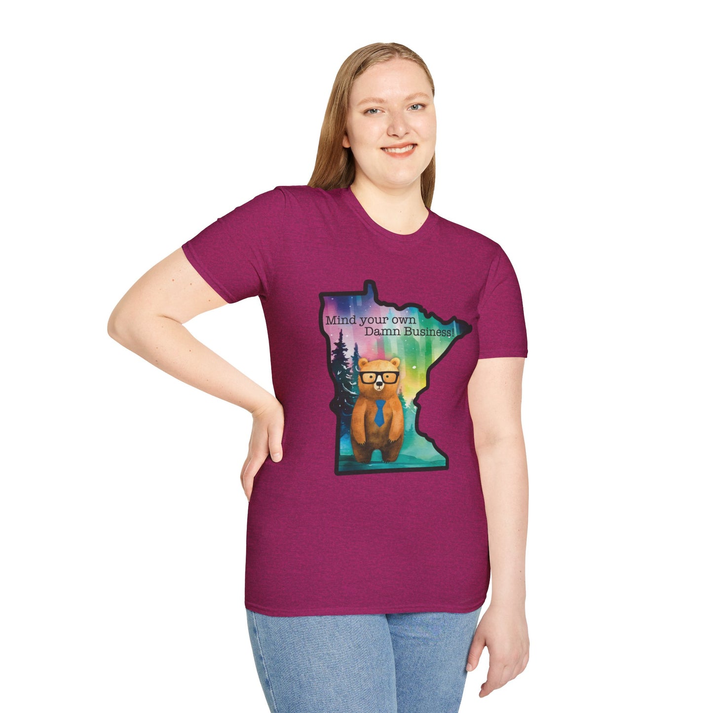 Whimsical Minnesota Bear T-Shirt, Mind Your Own Damn Business Tee, Casual Gift, Fun Apparel, Northern Lights Style, Unique Souvenir