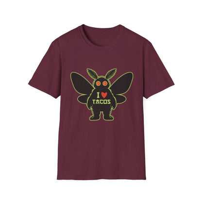 Mothman loves Tacos Unisex Softstyle T-Shirt, Funny Taco Lover Tee, Foodie Gift, Casual Wear, Perfect for Taco Tuesday, Unique Graphic Shirt