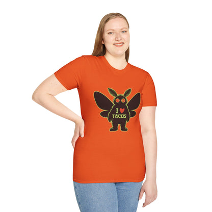 Mothman loves Tacos Unisex Softstyle T-Shirt, Funny Taco Lover Tee, Foodie Gift, Casual Wear, Perfect for Taco Tuesday, Unique Graphic Shirt