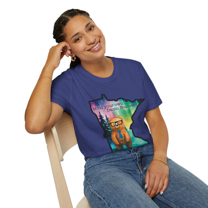 Whimsical Minnesota Bear T-Shirt, Mind Your Own Damn Business Tee, Casual Gift, Fun Apparel, Northern Lights Style, Unique Souvenir