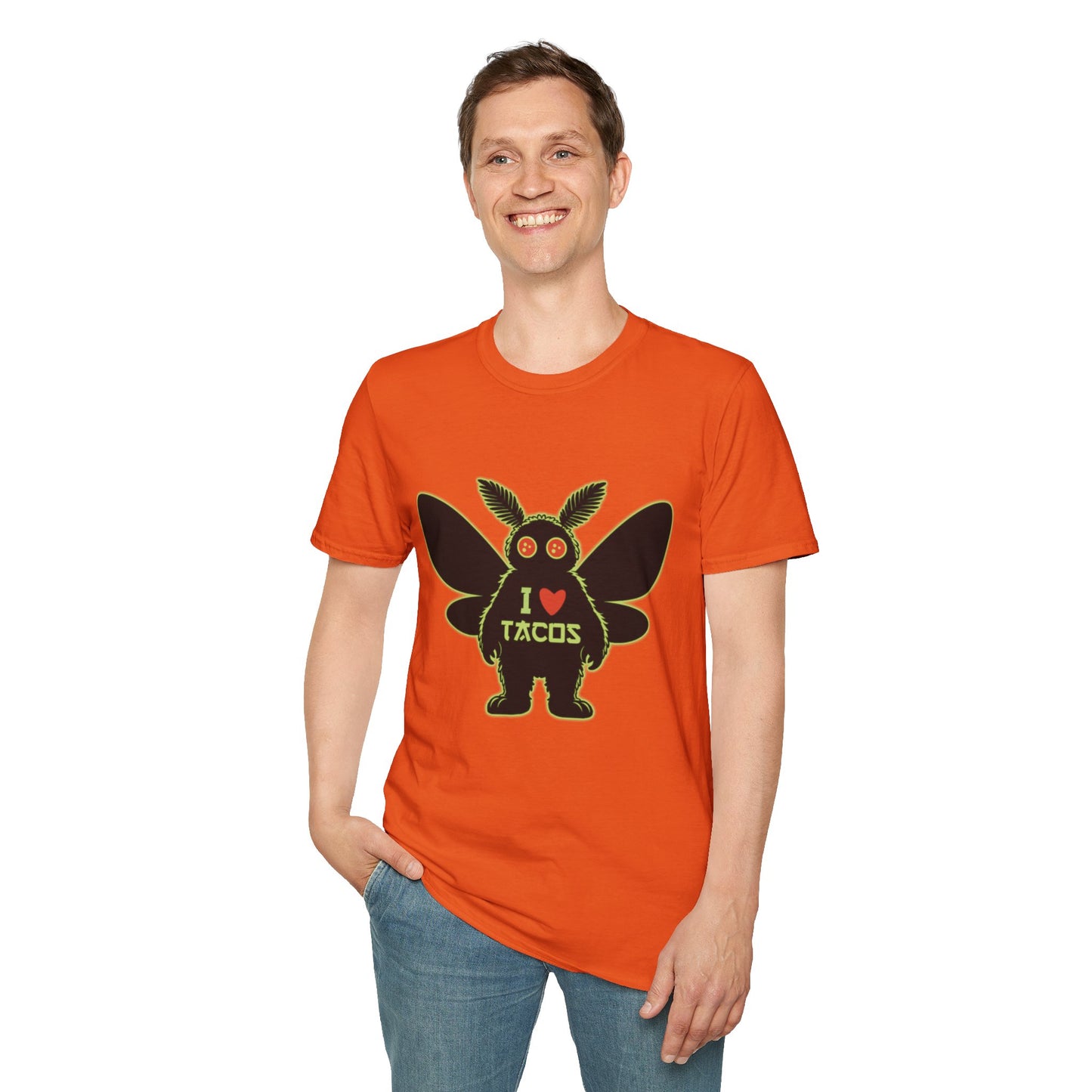 Mothman loves Tacos Unisex Softstyle T-Shirt, Funny Taco Lover Tee, Foodie Gift, Casual Wear, Perfect for Taco Tuesday, Unique Graphic Shirt
