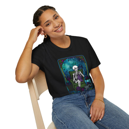Skeletal Yarn Hoarder T-Shirt, Softstyle Graphic Tee for Crafters, Halloween Apparel, Gift for Knitters, Cozy Casual Wear