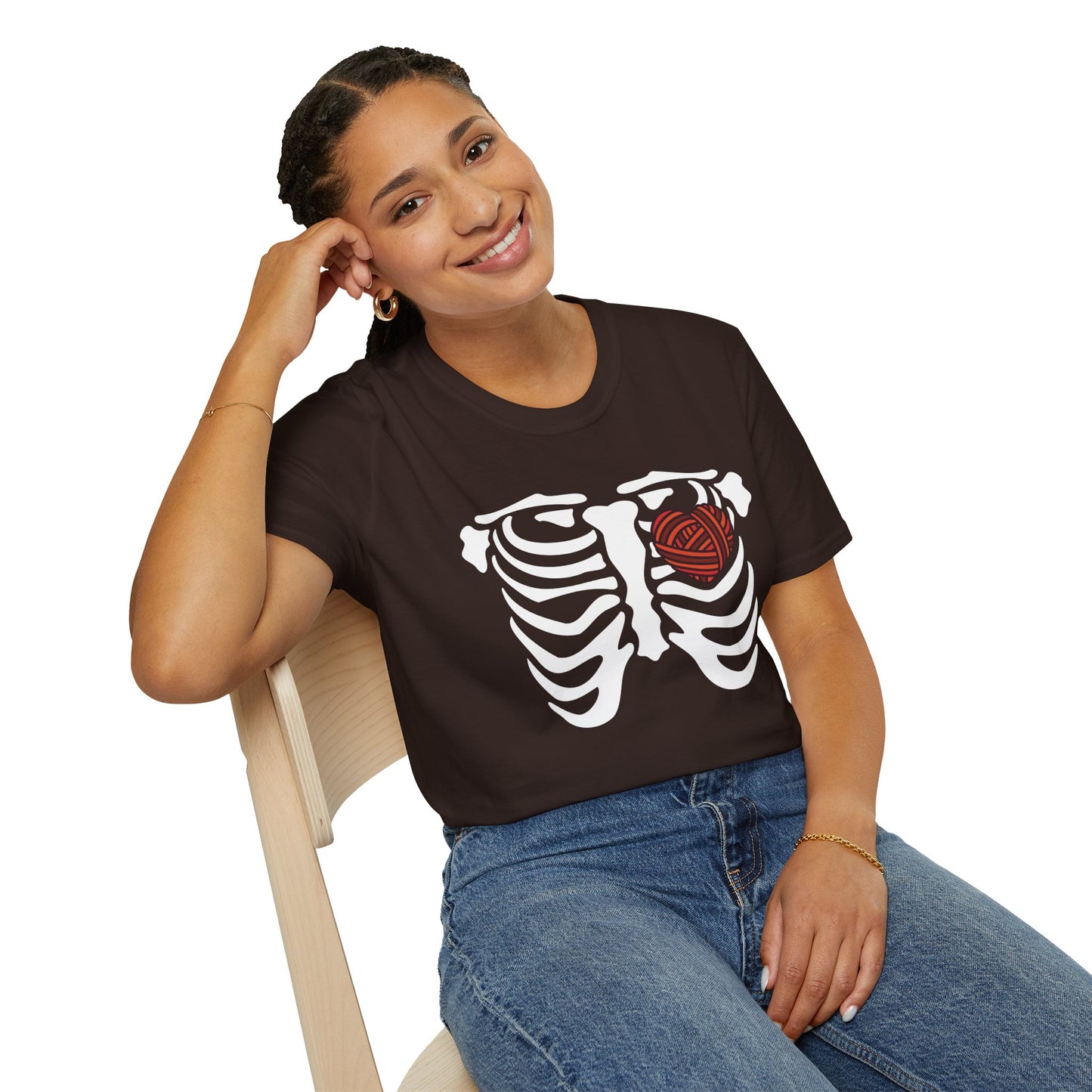 Yarn lover’s Skeleton Heart Unisex T-Shirt | Gift for Couples, Fun Graphic Tee, Romantic Apparel, Halloween Shirt, Love Theme