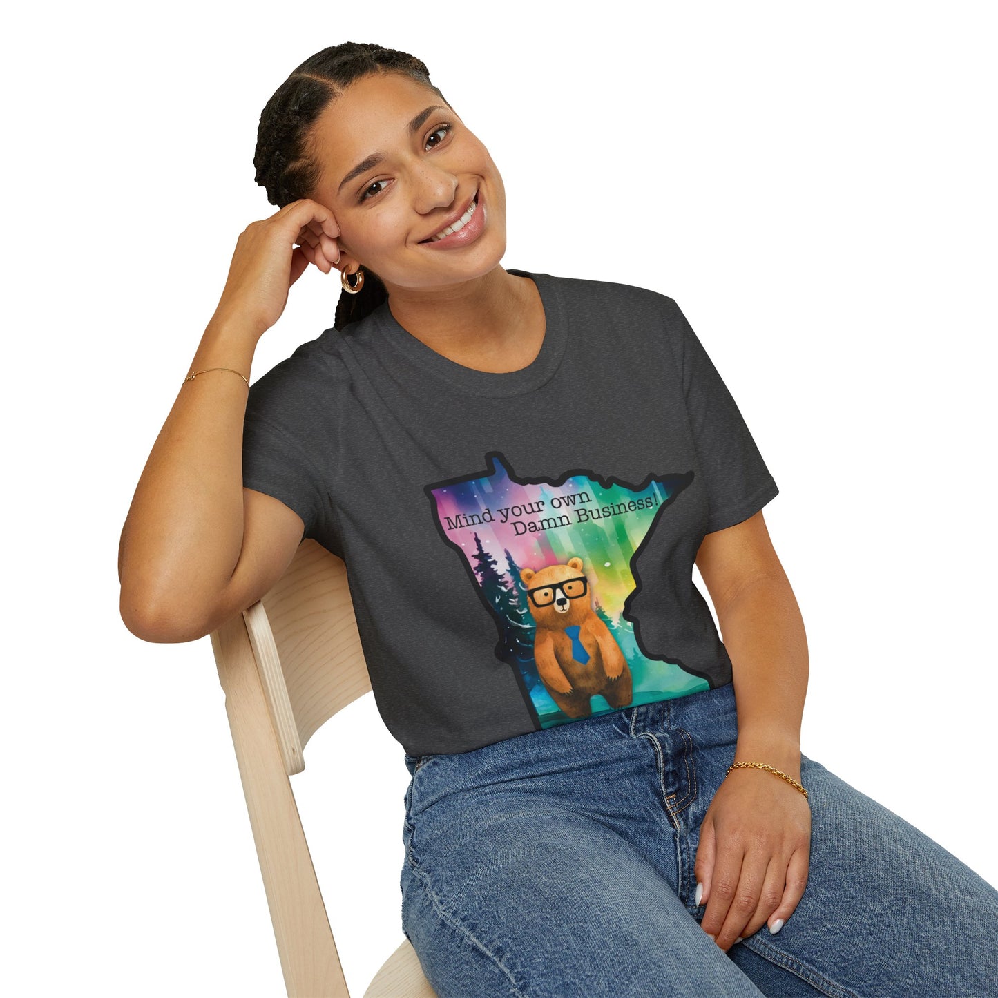 Whimsical Minnesota Bear T-Shirt, Mind Your Own Damn Business Tee, Casual Gift, Fun Apparel, Northern Lights Style, Unique Souvenir
