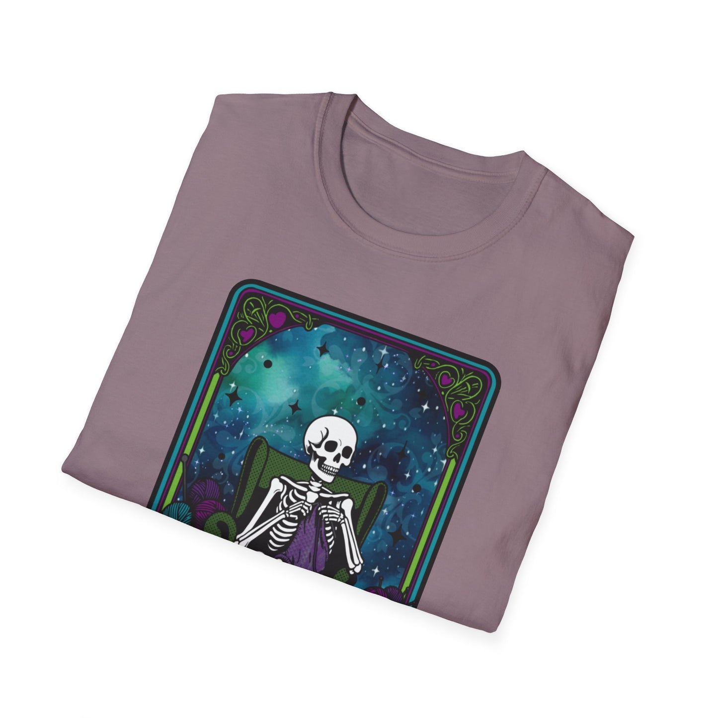 Skeletal Yarn Hoarder T-Shirt, Softstyle Graphic Tee for Crafters, Halloween Apparel, Gift for Knitters, Cozy Casual Wear