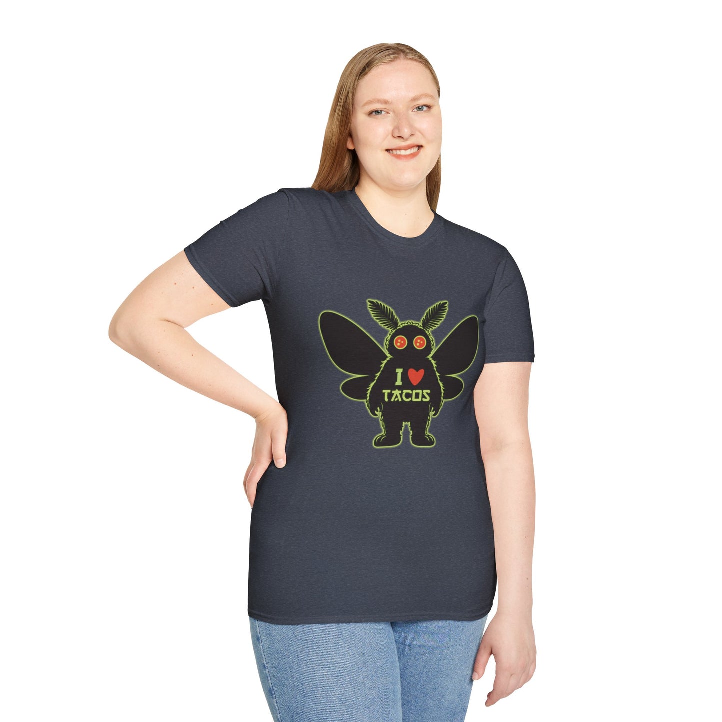 Mothman loves Tacos Unisex Softstyle T-Shirt, Funny Taco Lover Tee, Foodie Gift, Casual Wear, Perfect for Taco Tuesday, Unique Graphic Shirt