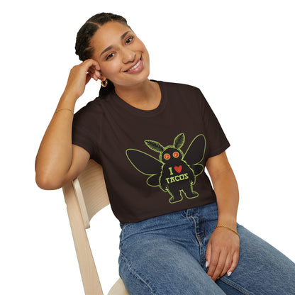 Mothman loves Tacos Unisex Softstyle T-Shirt, Funny Taco Lover Tee, Foodie Gift, Casual Wear, Perfect for Taco Tuesday, Unique Graphic Shirt