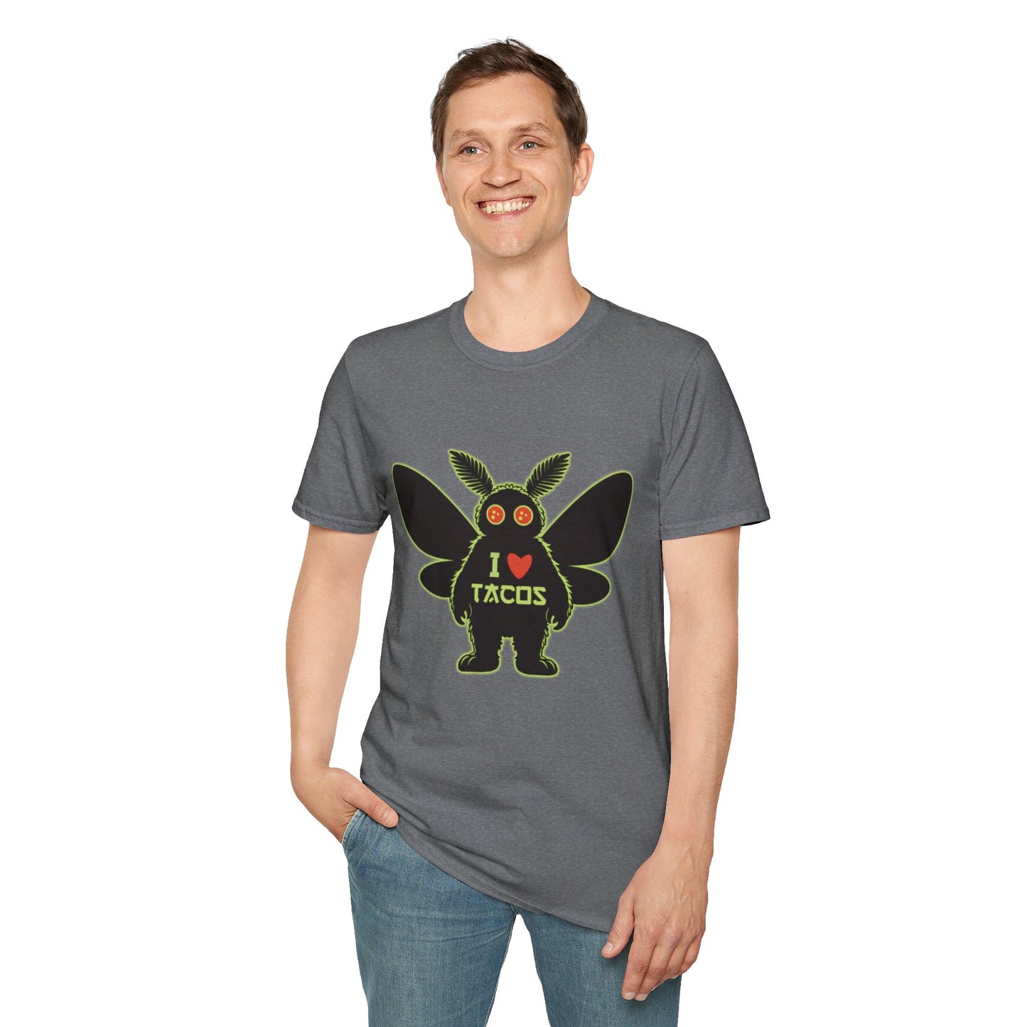 Mothman loves Tacos Unisex Softstyle T-Shirt, Funny Taco Lover Tee, Foodie Gift, Casual Wear, Perfect for Taco Tuesday, Unique Graphic Shirt