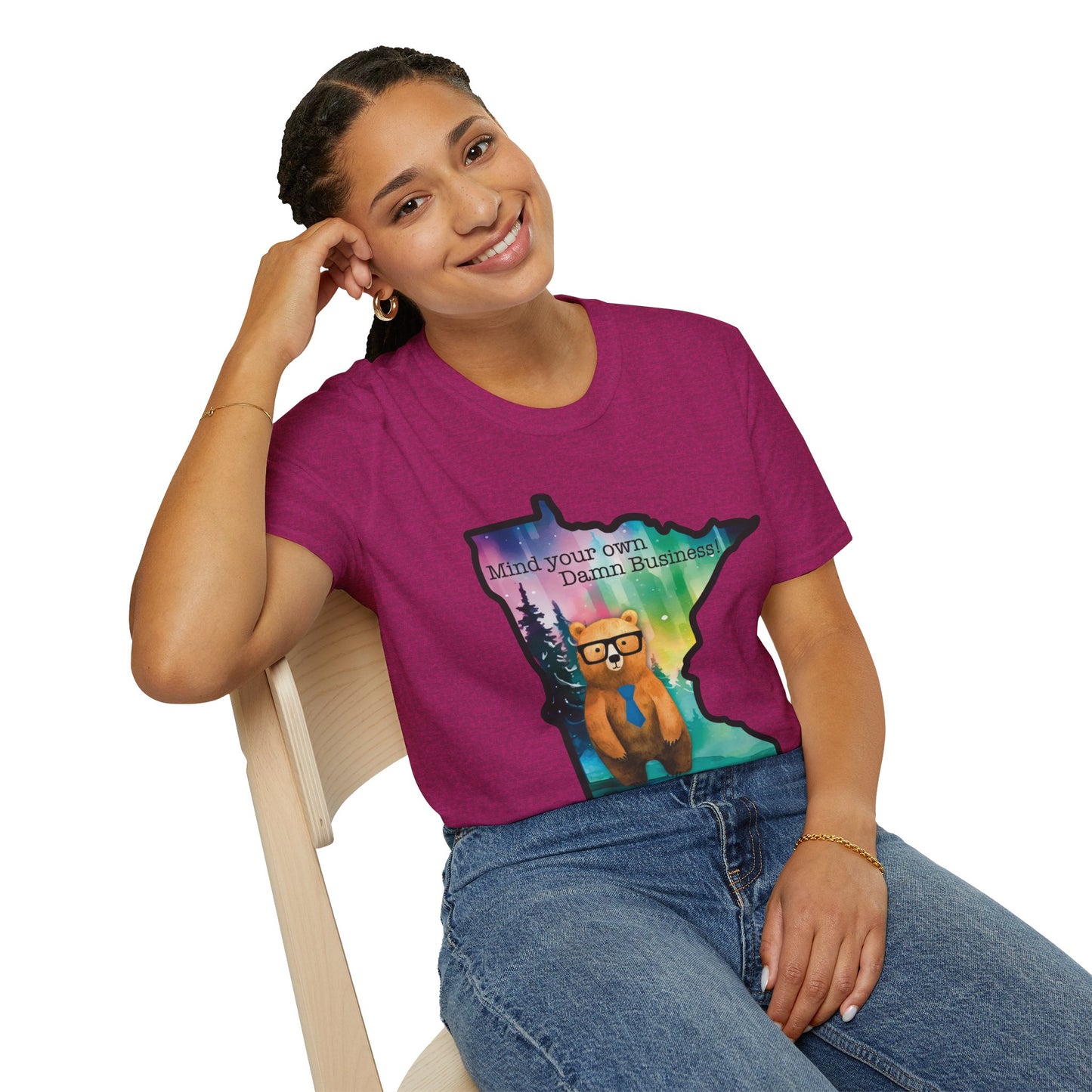 Whimsical Minnesota Bear T-Shirt, Mind Your Own Damn Business Tee, Casual Gift, Fun Apparel, Northern Lights Style, Unique Souvenir