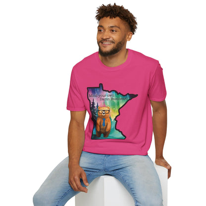 Whimsical Minnesota Bear T-Shirt, Mind Your Own Damn Business Tee, Casual Gift, Fun Apparel, Northern Lights Style, Unique Souvenir