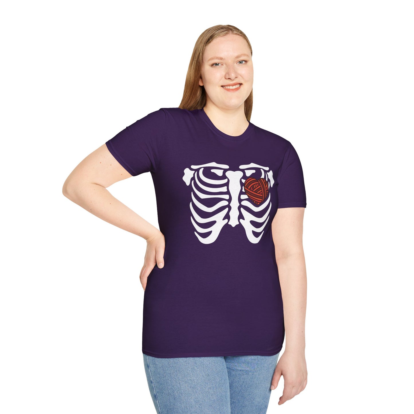 Yarn lover’s Skeleton Heart Unisex T-Shirt | Gift for Couples, Fun Graphic Tee, Romantic Apparel, Halloween Shirt, Love Theme