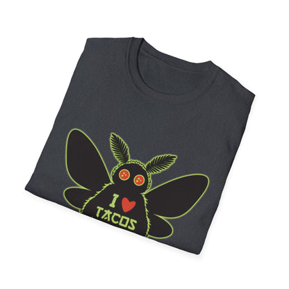 Mothman loves Tacos Unisex Softstyle T-Shirt, Funny Taco Lover Tee, Foodie Gift, Casual Wear, Perfect for Taco Tuesday, Unique Graphic Shirt