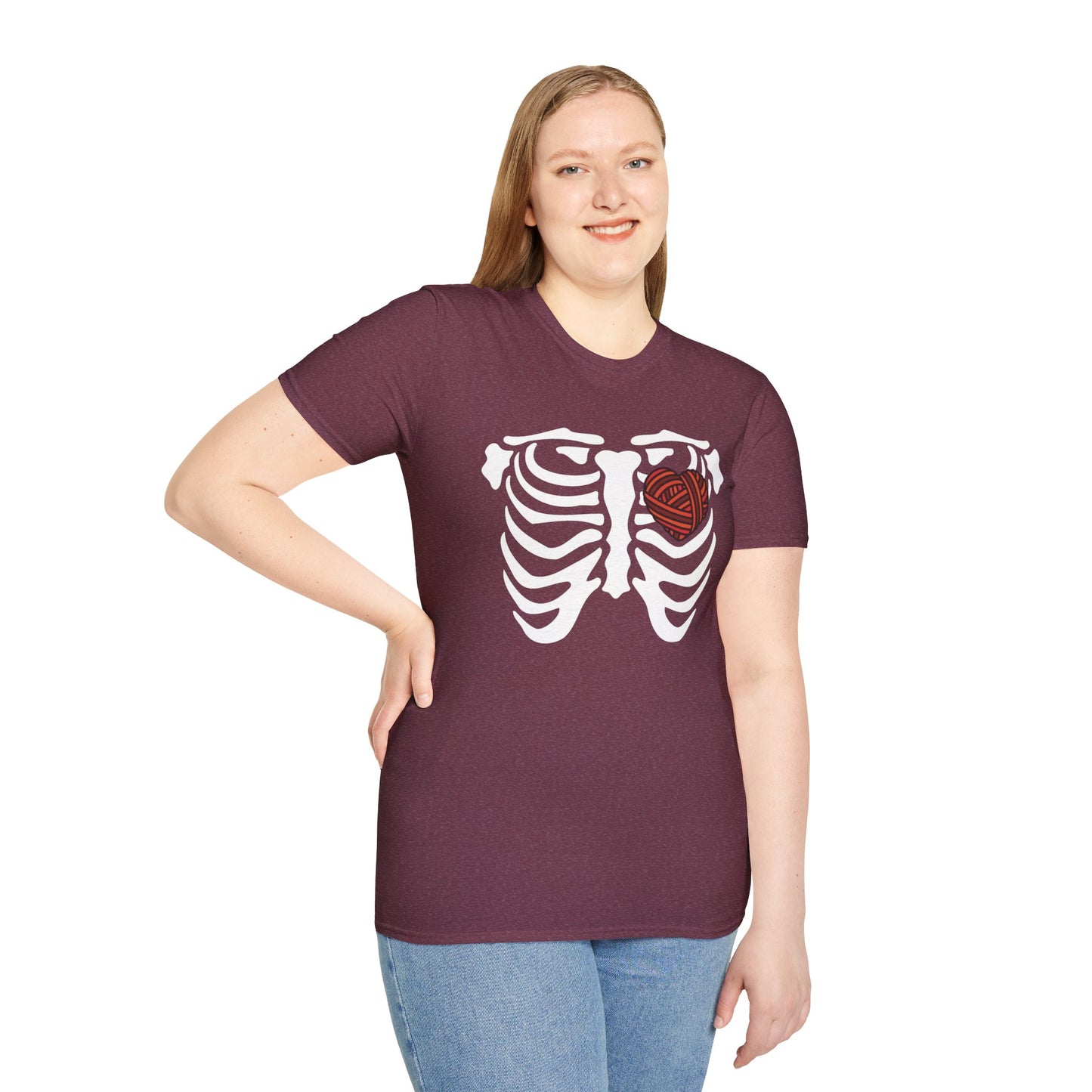 Yarn lover’s Skeleton Heart Unisex T-Shirt | Gift for Couples, Fun Graphic Tee, Romantic Apparel, Halloween Shirt, Love Theme