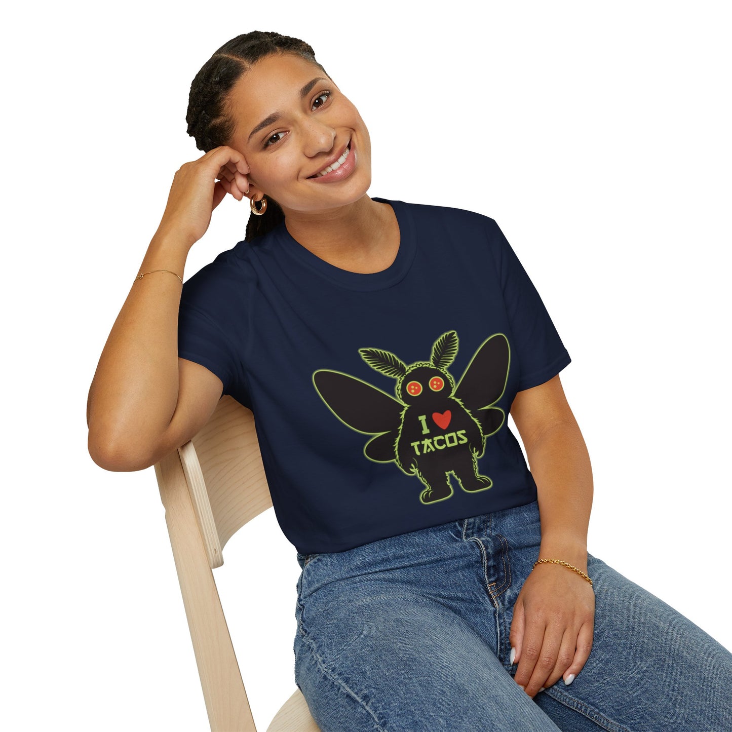 Mothman loves Tacos Unisex Softstyle T-Shirt, Funny Taco Lover Tee, Foodie Gift, Casual Wear, Perfect for Taco Tuesday, Unique Graphic Shirt