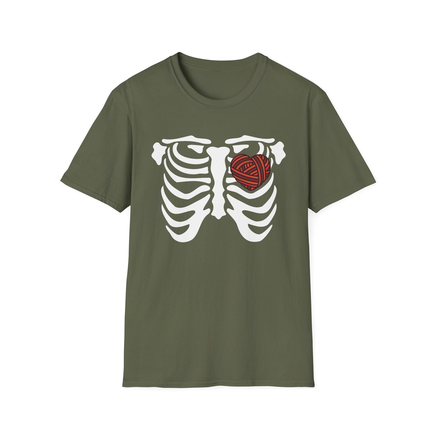 Yarn lover’s Skeleton Heart Unisex T-Shirt | Gift for Couples, Fun Graphic Tee, Romantic Apparel, Halloween Shirt, Love Theme