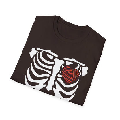 Yarn lover’s Skeleton Heart Unisex T-Shirt | Gift for Couples, Fun Graphic Tee, Romantic Apparel, Halloween Shirt, Love Theme