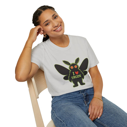 Mothman loves Tacos Unisex Softstyle T-Shirt, Funny Taco Lover Tee, Foodie Gift, Casual Wear, Perfect for Taco Tuesday, Unique Graphic Shirt
