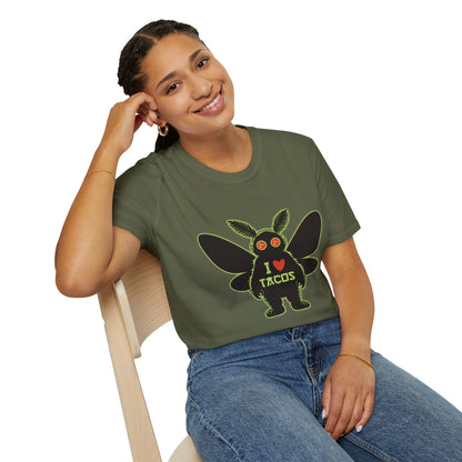 Mothman loves Tacos Unisex Softstyle T-Shirt, Funny Taco Lover Tee, Foodie Gift, Casual Wear, Perfect for Taco Tuesday, Unique Graphic Shirt