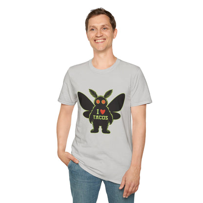 Mothman loves Tacos Unisex Softstyle T-Shirt, Funny Taco Lover Tee, Foodie Gift, Casual Wear, Perfect for Taco Tuesday, Unique Graphic Shirt