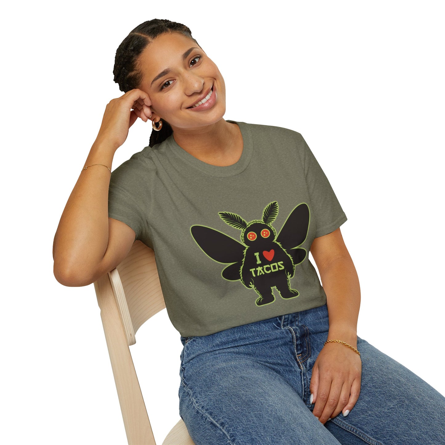 Mothman loves Tacos Unisex Softstyle T-Shirt, Funny Taco Lover Tee, Foodie Gift, Casual Wear, Perfect for Taco Tuesday, Unique Graphic Shirt