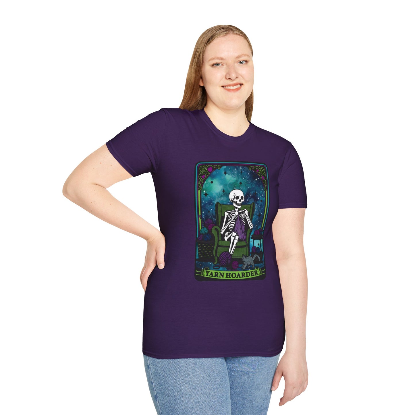 Skeletal Yarn Hoarder T-Shirt, Softstyle Graphic Tee for Crafters, Halloween Apparel, Gift for Knitters, Cozy Casual Wear