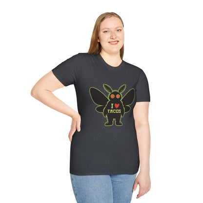 Mothman loves Tacos Unisex Softstyle T-Shirt, Funny Taco Lover Tee, Foodie Gift, Casual Wear, Perfect for Taco Tuesday, Unique Graphic Shirt