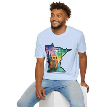 Whimsical Minnesota Bear T-Shirt, Mind Your Own Damn Business Tee, Casual Gift, Fun Apparel, Northern Lights Style, Unique Souvenir