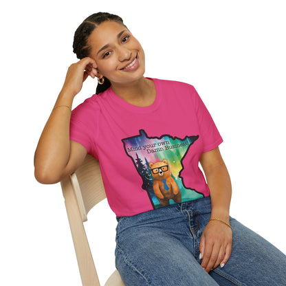 Whimsical Minnesota Bear T-Shirt, Mind Your Own Damn Business Tee, Casual Gift, Fun Apparel, Northern Lights Style, Unique Souvenir