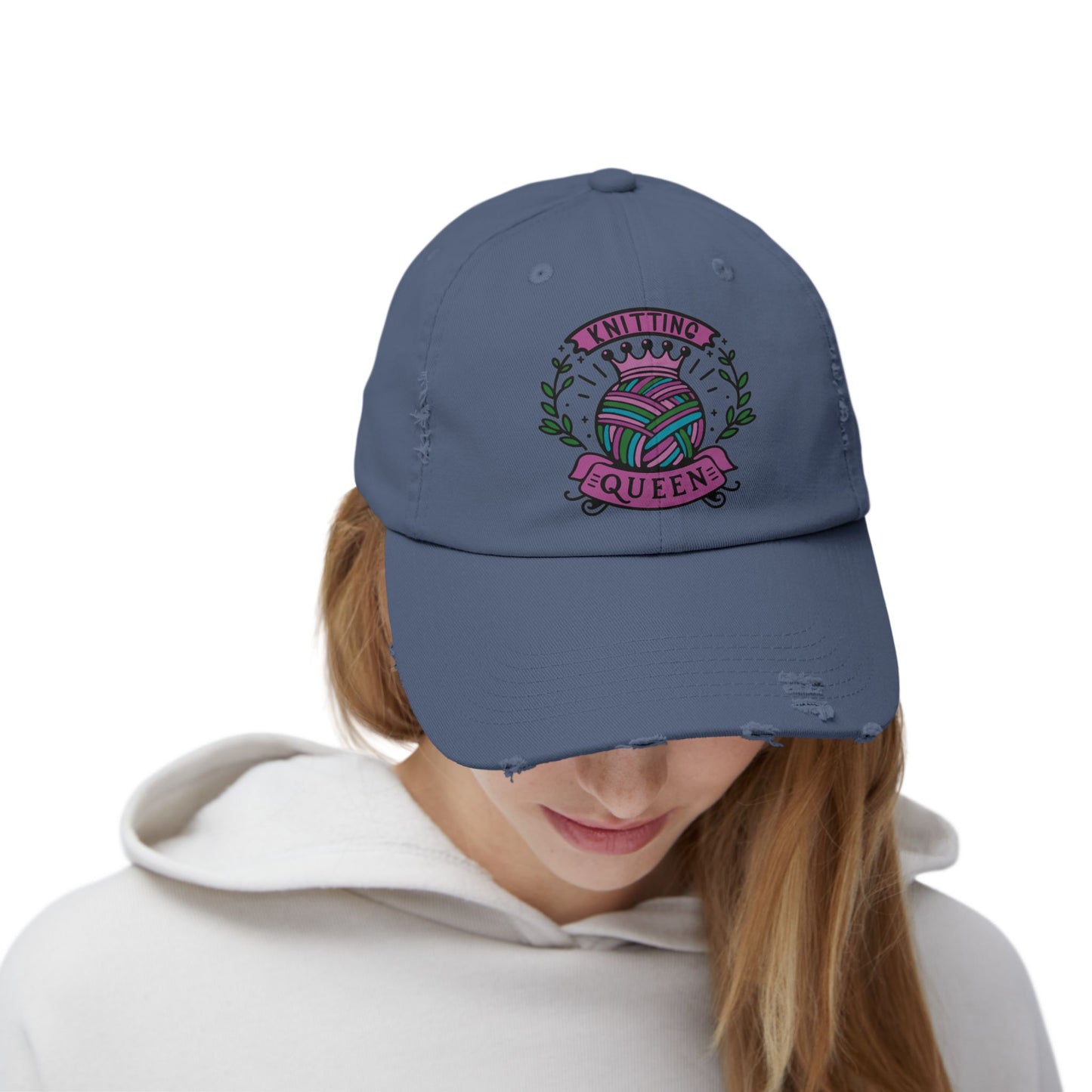 Knitting Queen Distressed Cap - Cozy Gift for Crafters, Trendy Fashion Accessory, Perfect for Knitting Lovers, Birthday Gift, Everyday Wear