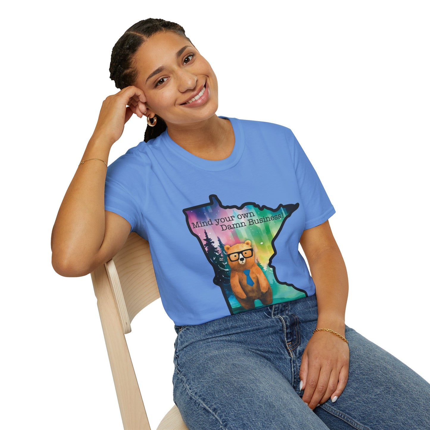 Whimsical Minnesota Bear T-Shirt, Mind Your Own Damn Business Tee, Casual Gift, Fun Apparel, Northern Lights Style, Unique Souvenir