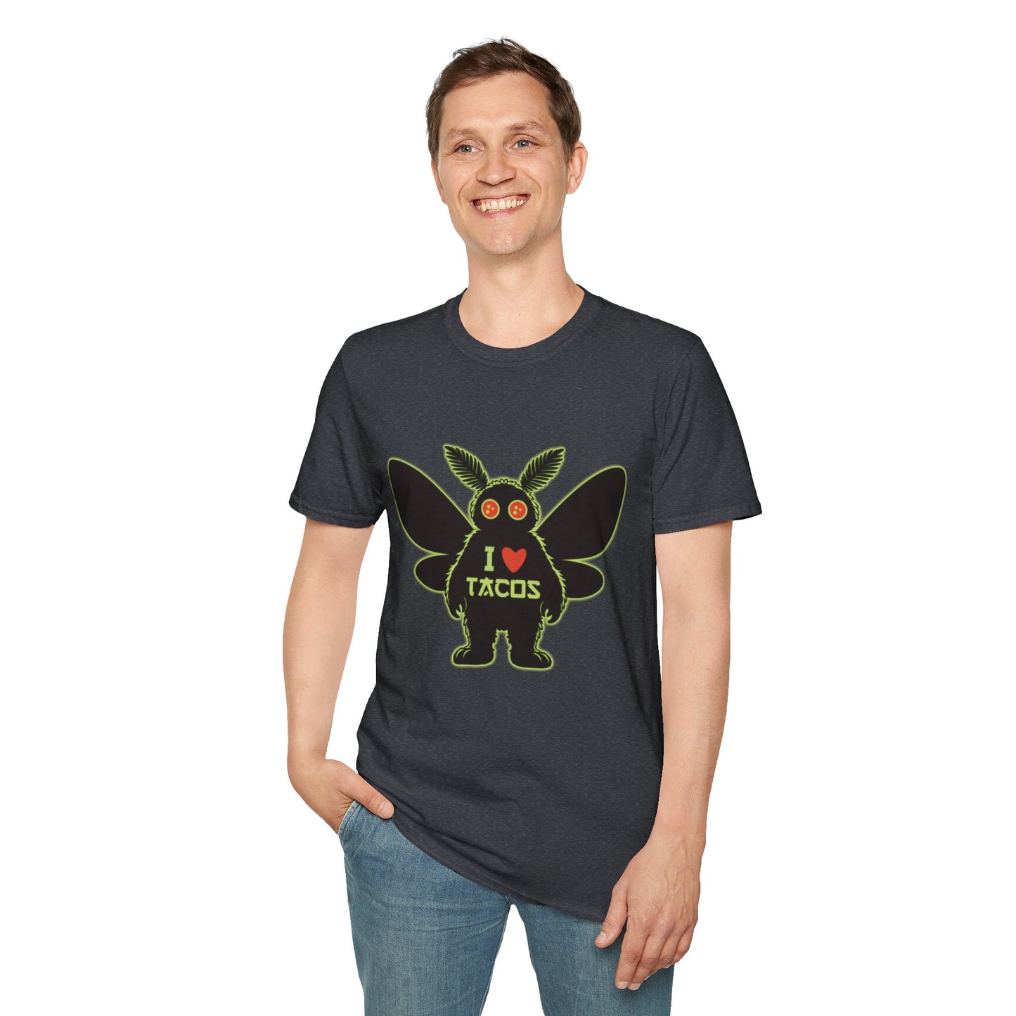 Mothman loves Tacos Unisex Softstyle T-Shirt, Funny Taco Lover Tee, Foodie Gift, Casual Wear, Perfect for Taco Tuesday, Unique Graphic Shirt
