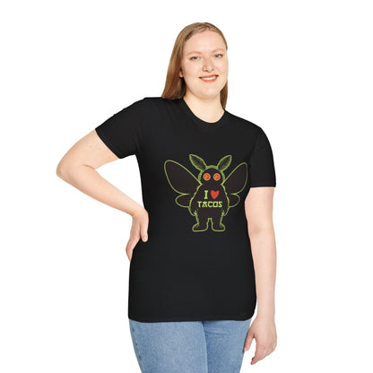 Mothman loves Tacos Unisex Softstyle T-Shirt, Funny Taco Lover Tee, Foodie Gift, Casual Wear, Perfect for Taco Tuesday, Unique Graphic Shirt