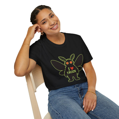 Mothman loves Tacos Unisex Softstyle T-Shirt, Funny Taco Lover Tee, Foodie Gift, Casual Wear, Perfect for Taco Tuesday, Unique Graphic Shirt