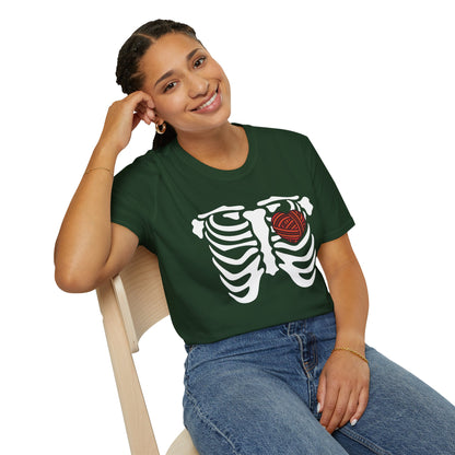 Yarn lover’s Skeleton Heart Unisex T-Shirt | Gift for Couples, Fun Graphic Tee, Romantic Apparel, Halloween Shirt, Love Theme