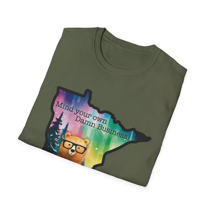 Whimsical Minnesota Bear T-Shirt, Mind Your Own Damn Business Tee, Casual Gift, Fun Apparel, Northern Lights Style, Unique Souvenir