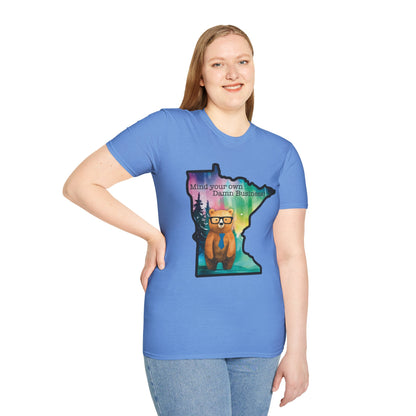 Whimsical Minnesota Bear T-Shirt, Mind Your Own Damn Business Tee, Casual Gift, Fun Apparel, Northern Lights Style, Unique Souvenir
