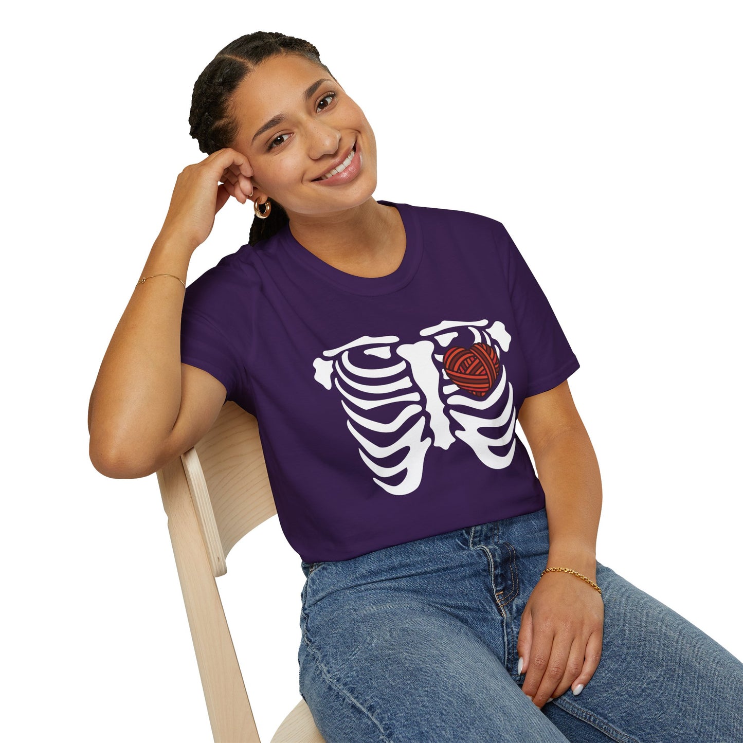 Yarn lover’s Skeleton Heart Unisex T-Shirt | Gift for Couples, Fun Graphic Tee, Romantic Apparel, Halloween Shirt, Love Theme