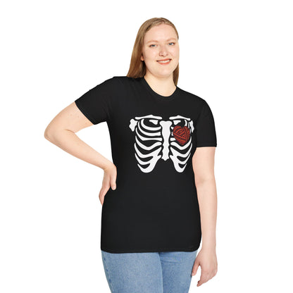 Yarn lover’s Skeleton Heart Unisex T-Shirt | Gift for Couples, Fun Graphic Tee, Romantic Apparel, Halloween Shirt, Love Theme