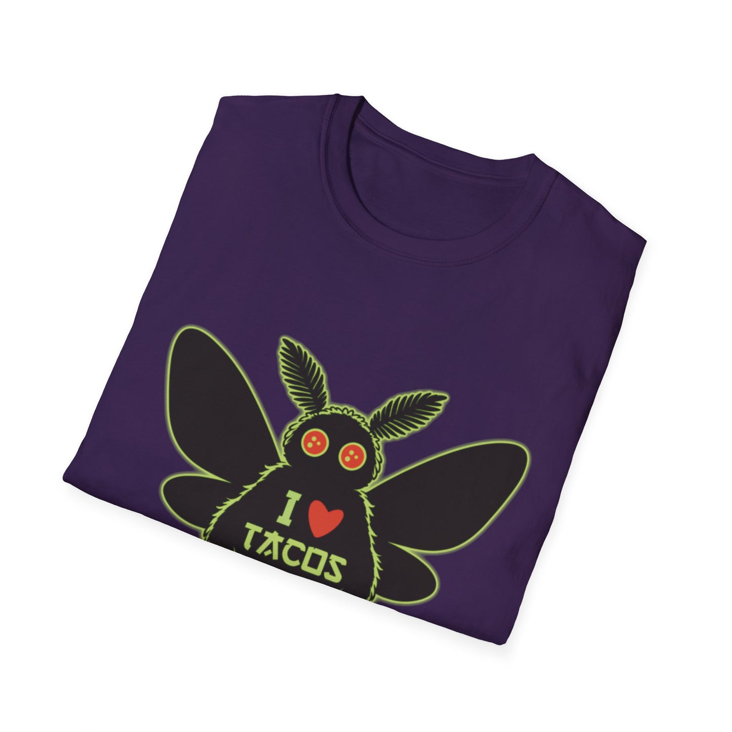Mothman loves Tacos Unisex Softstyle T-Shirt, Funny Taco Lover Tee, Foodie Gift, Casual Wear, Perfect for Taco Tuesday, Unique Graphic Shirt