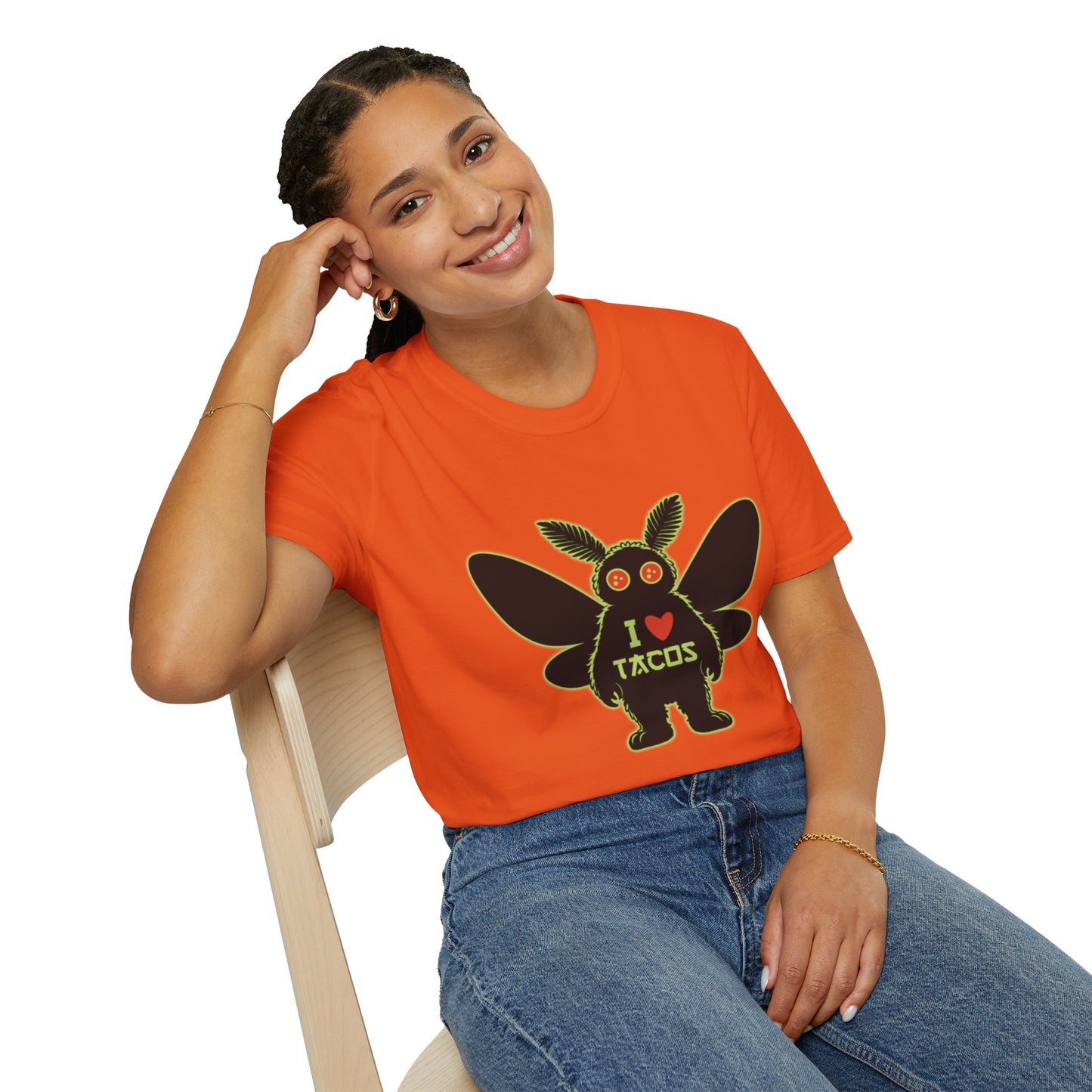 Mothman loves Tacos Unisex Softstyle T-Shirt, Funny Taco Lover Tee, Foodie Gift, Casual Wear, Perfect for Taco Tuesday, Unique Graphic Shirt