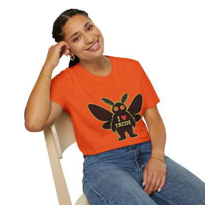Mothman loves Tacos Unisex Softstyle T-Shirt, Funny Taco Lover Tee, Foodie Gift, Casual Wear, Perfect for Taco Tuesday, Unique Graphic Shirt
