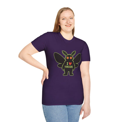 Mothman loves Tacos Unisex Softstyle T-Shirt, Funny Taco Lover Tee, Foodie Gift, Casual Wear, Perfect for Taco Tuesday, Unique Graphic Shirt