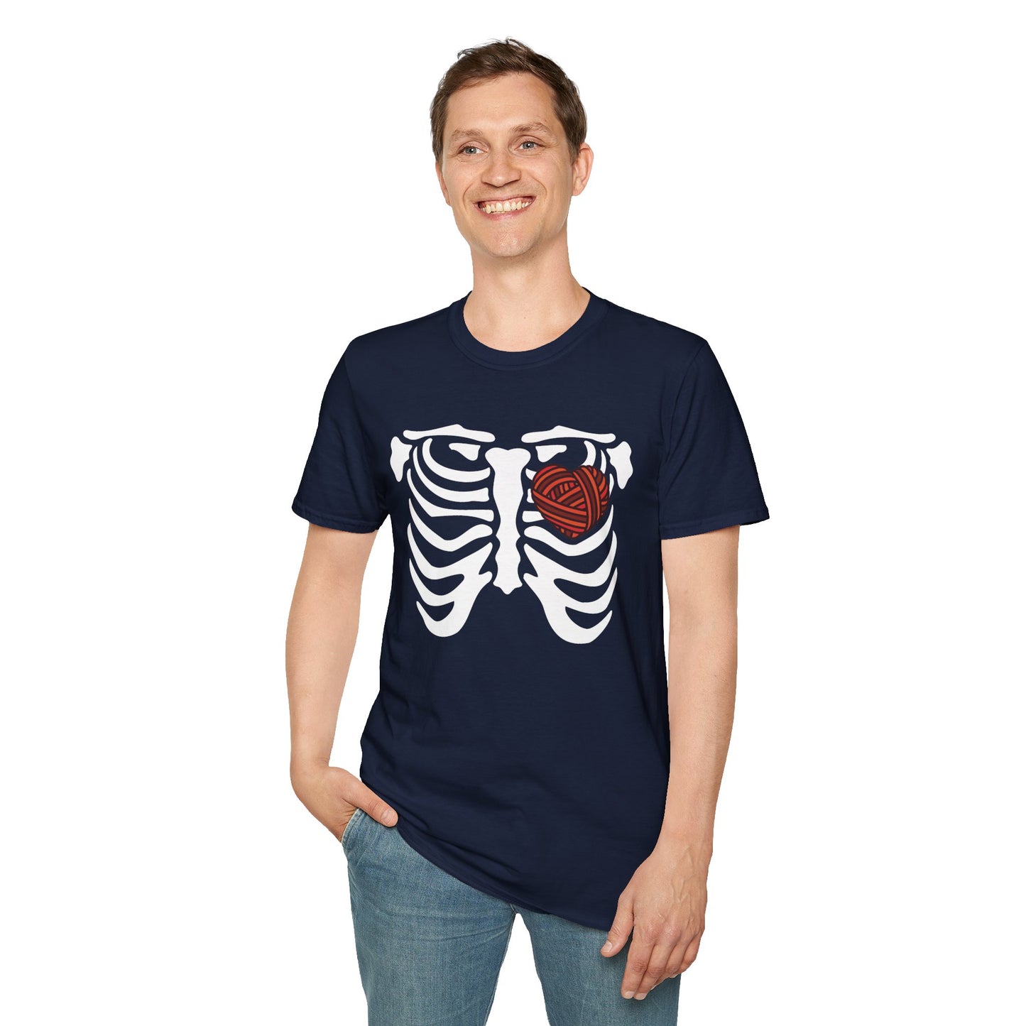 Yarn lover’s Skeleton Heart Unisex T-Shirt | Gift for Couples, Fun Graphic Tee, Romantic Apparel, Halloween Shirt, Love Theme