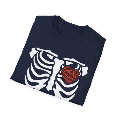 Yarn lover’s Skeleton Heart Unisex T-Shirt | Gift for Couples, Fun Graphic Tee, Romantic Apparel, Halloween Shirt, Love Theme